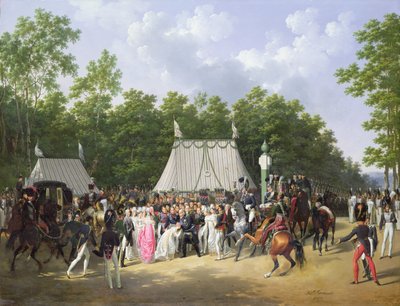 Louis XVIII begrüßt Marie-Caroline-Ferdinande de Bourbon, Prinzessin von Sizilien, am Croix de Saint-Herem im Wald von Fontainebleau, 15. Juni 1816, 1817 von Hippolyte Lecomte